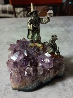 Amethyst Wizard Figurine on Natural Crystal Cluster - Decorative Home Accent